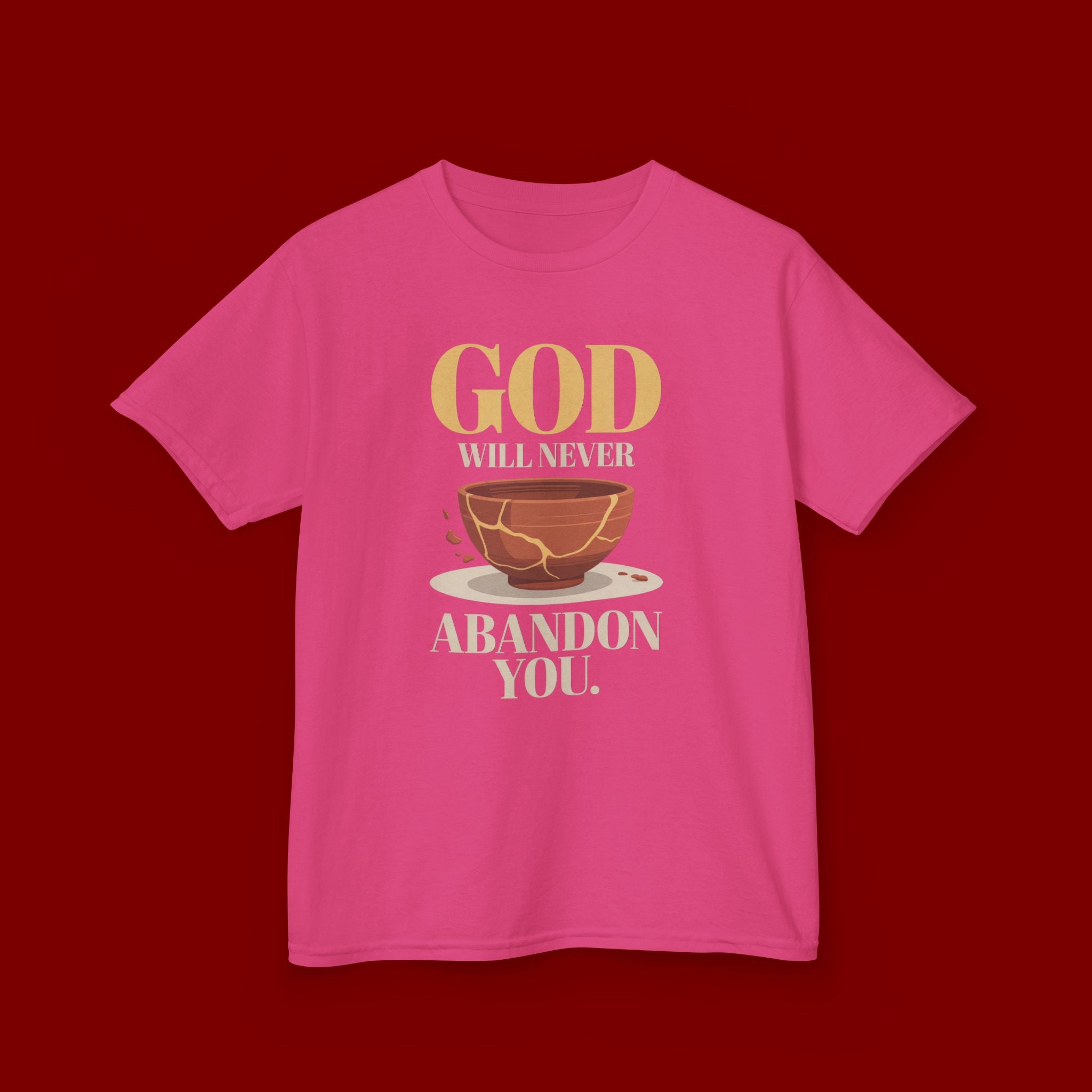 Kids Tee — "God Will Never Abandon You" Faith Graphic