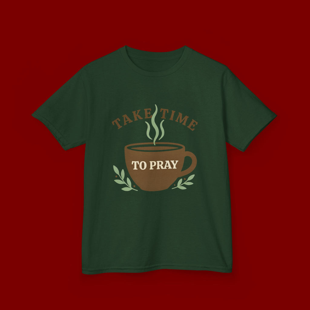 Kids Tee — "Take Time to Pray" Coffee Cup Faith Graphic