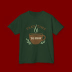 Kids Tee — "Take Time to Pray" Coffee Cup Faith Graphic
