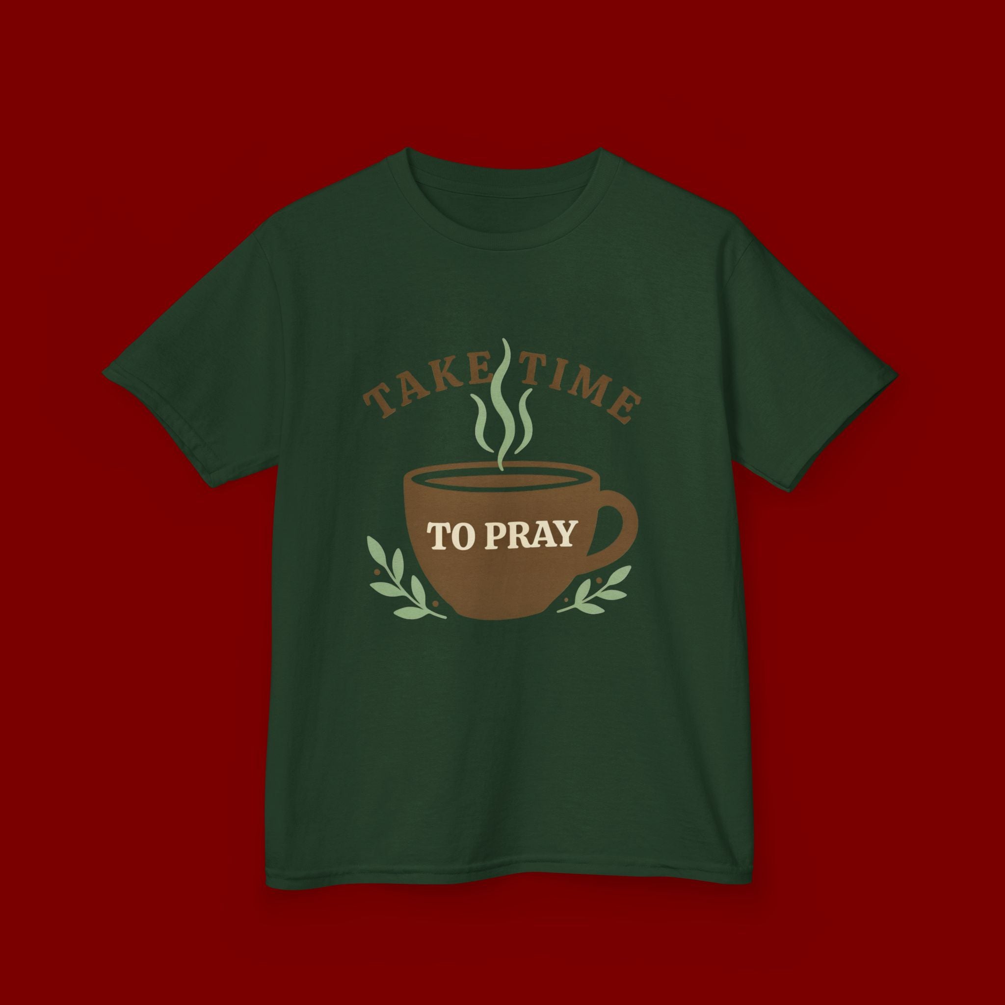 Kids Tee — "Take Time to Pray" Coffee Cup Faith Graphic