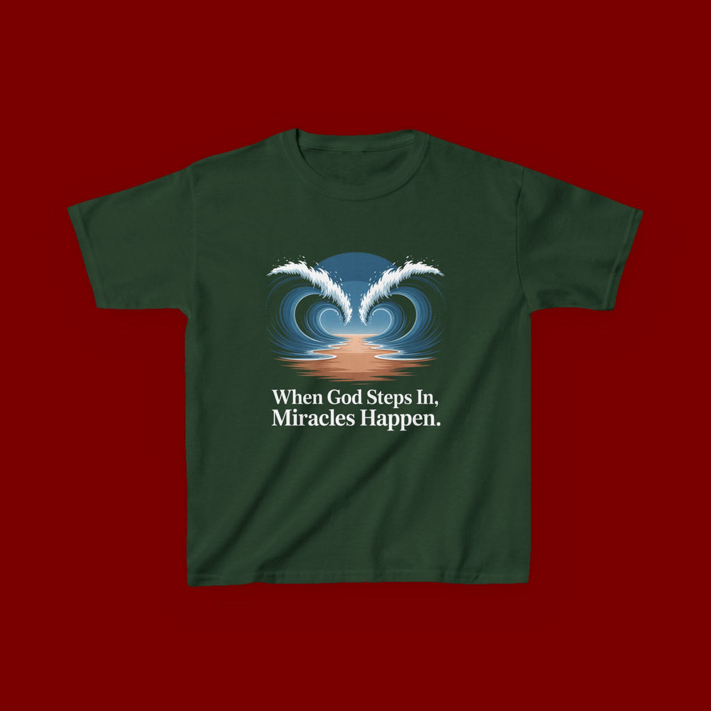 Kids Tee — “When God Steps In, Miracles Happen” Wave Heart Faith Shirt