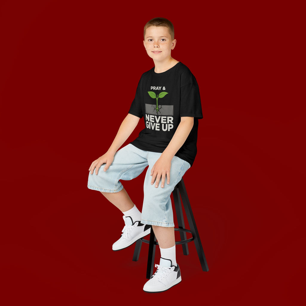 Kids Tee – "Pray & Never Give Up" Inspirational Plant Graphic