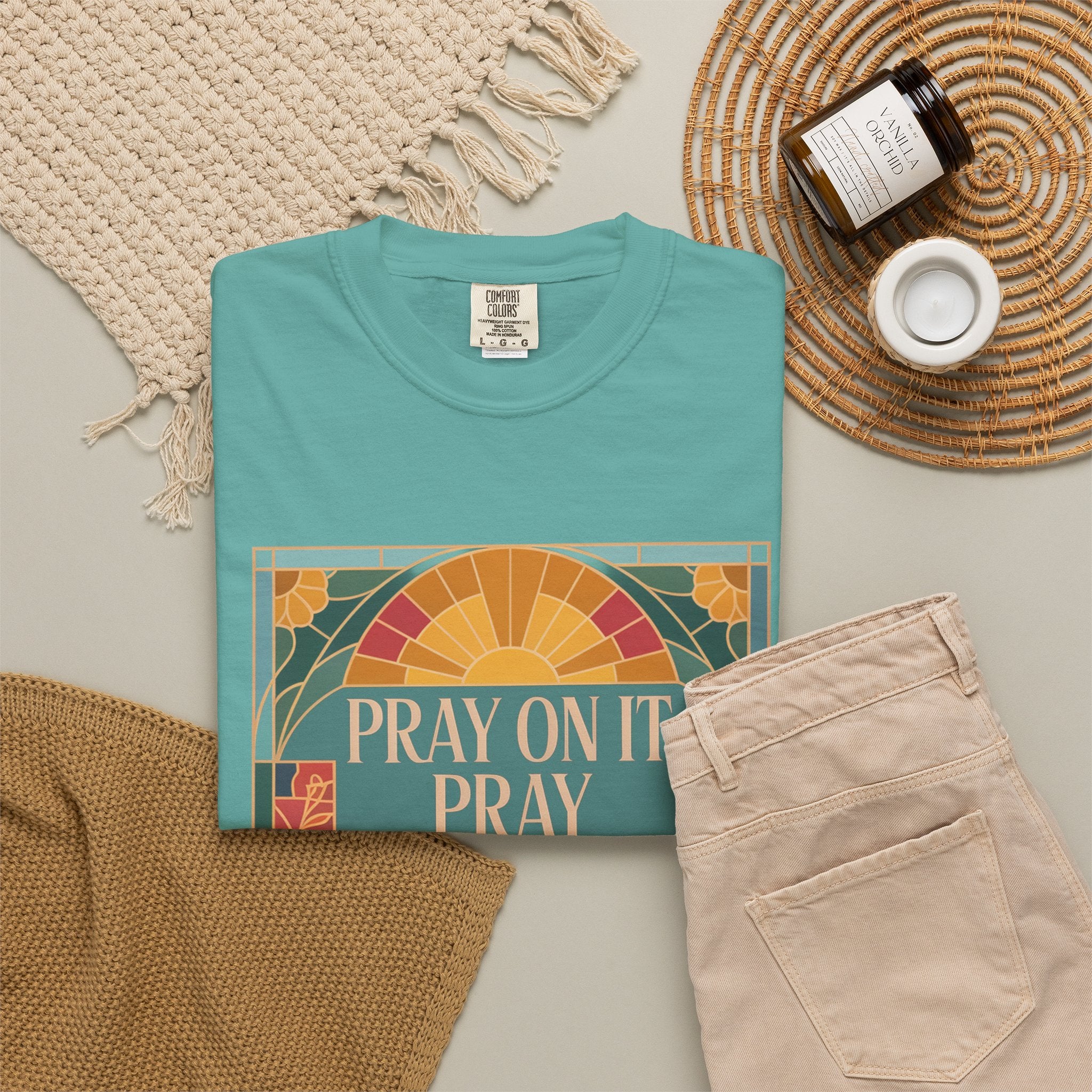 T-Shirt — Retro Sunset Floral Graphic “Play On It, Pray Over It, Pray Through It”