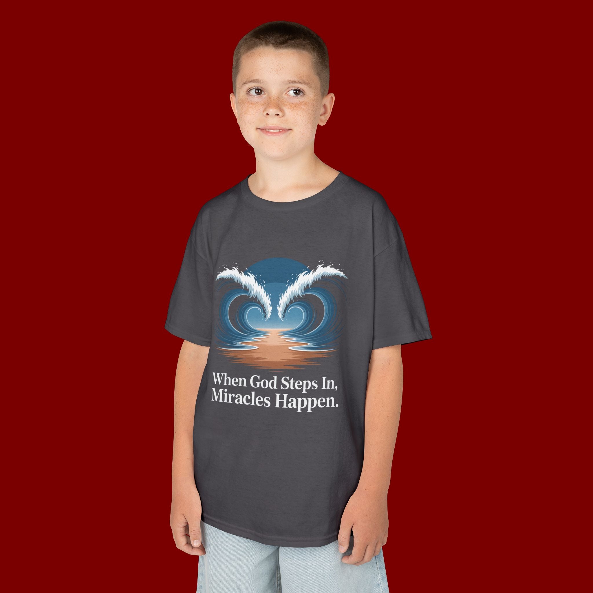 Kids Tee — “When God Steps In, Miracles Happen” Wave Heart Faith Shirt