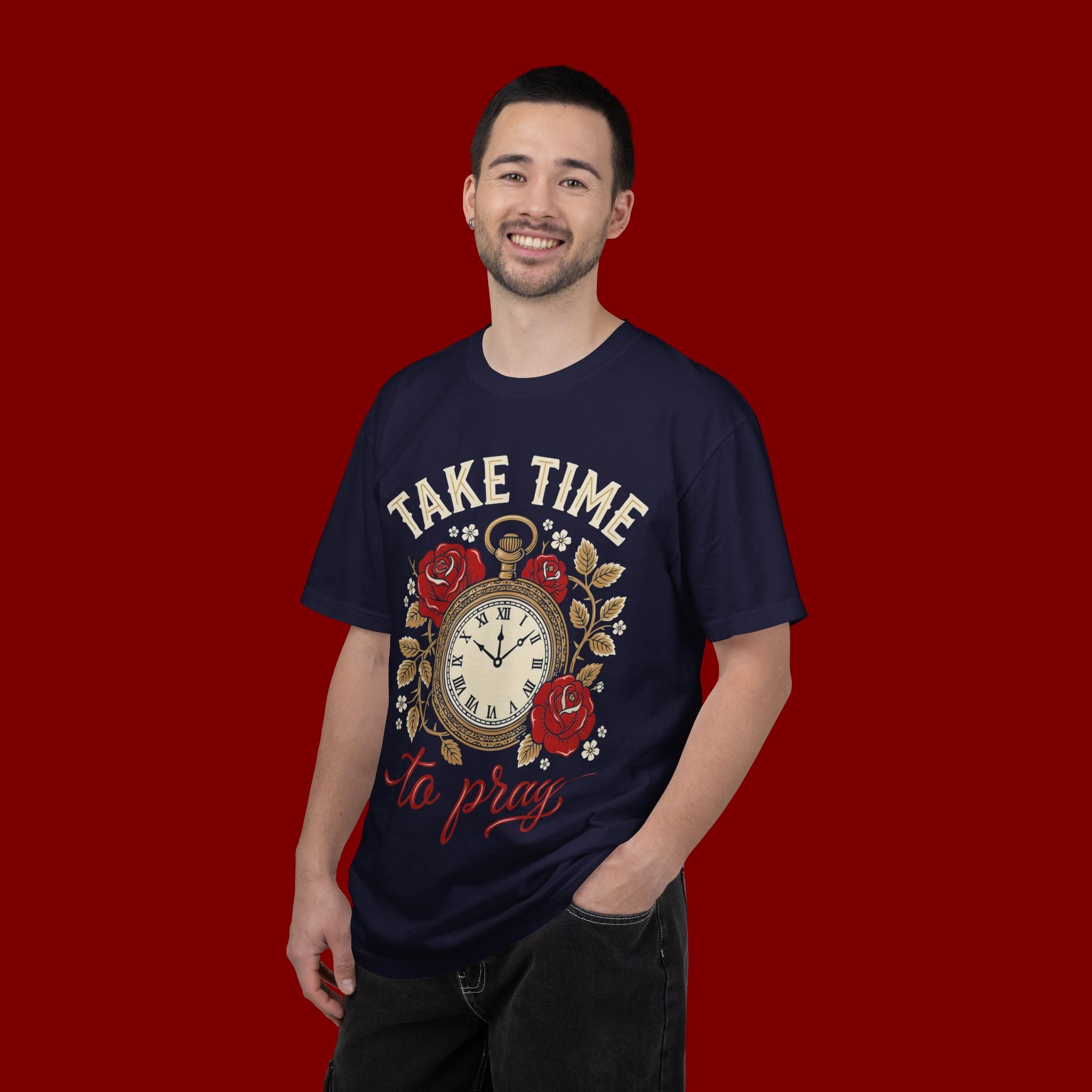 Take Time to Pray Pocket Watch T-Shirt — Faith-Based Floral Christian Tee
