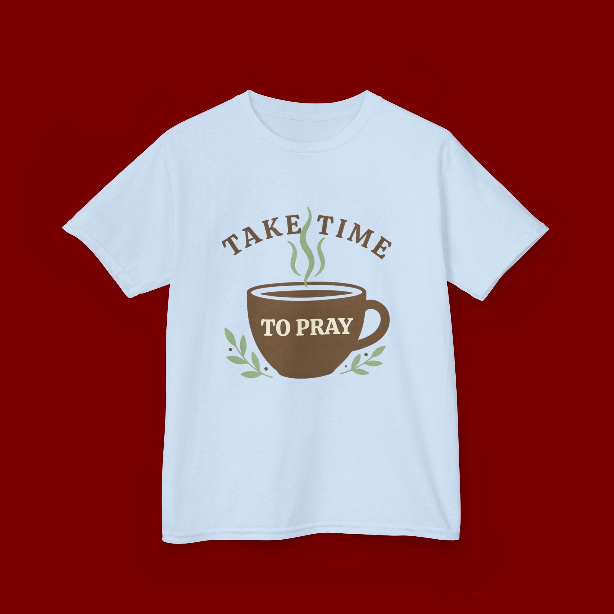 Kids Tee — "Take Time to Pray" Coffee Cup Faith Graphic