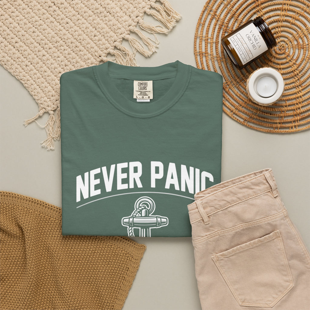 T-Shirt — "Never Panic Just Pray" Anchor Christian Faith Tee