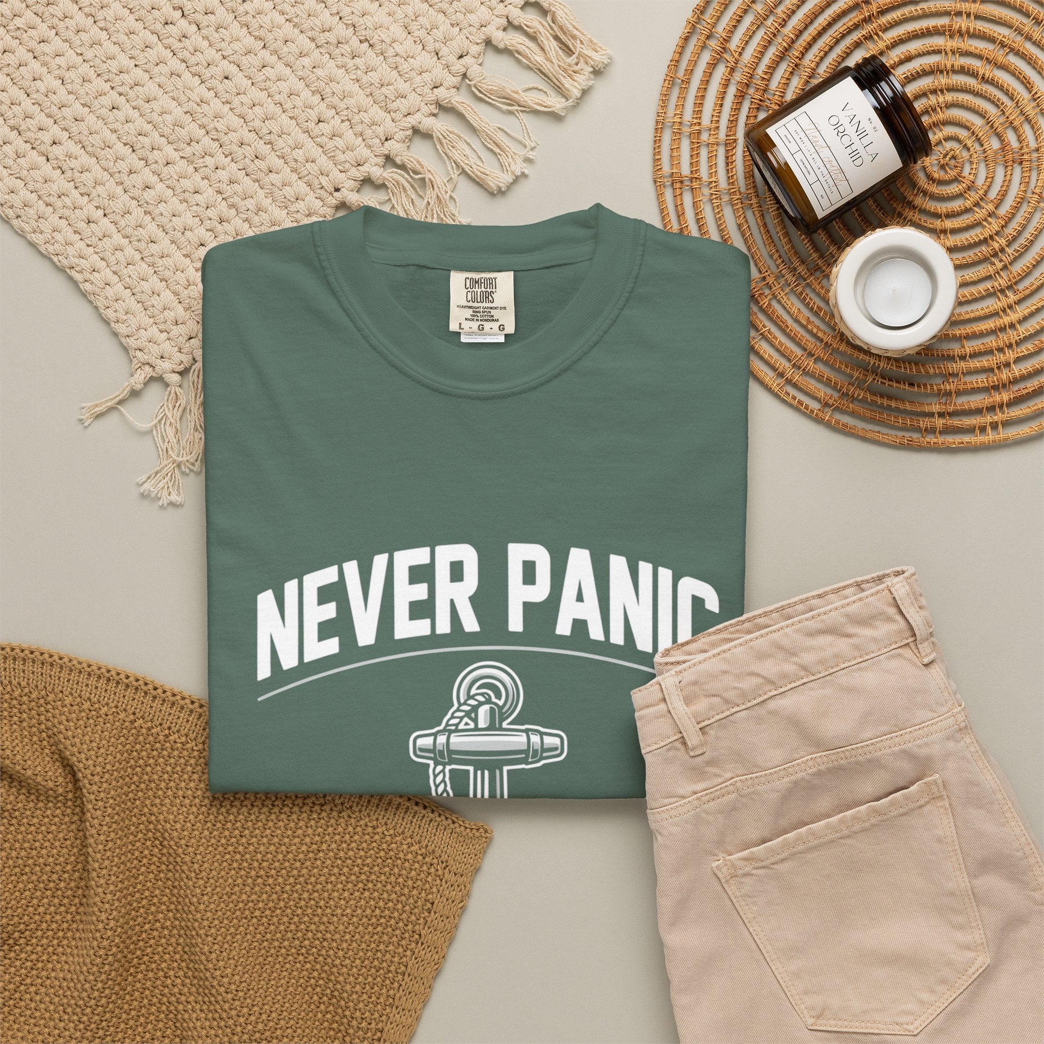 T-Shirt — "Never Panic Just Pray" Anchor Christian Faith Tee