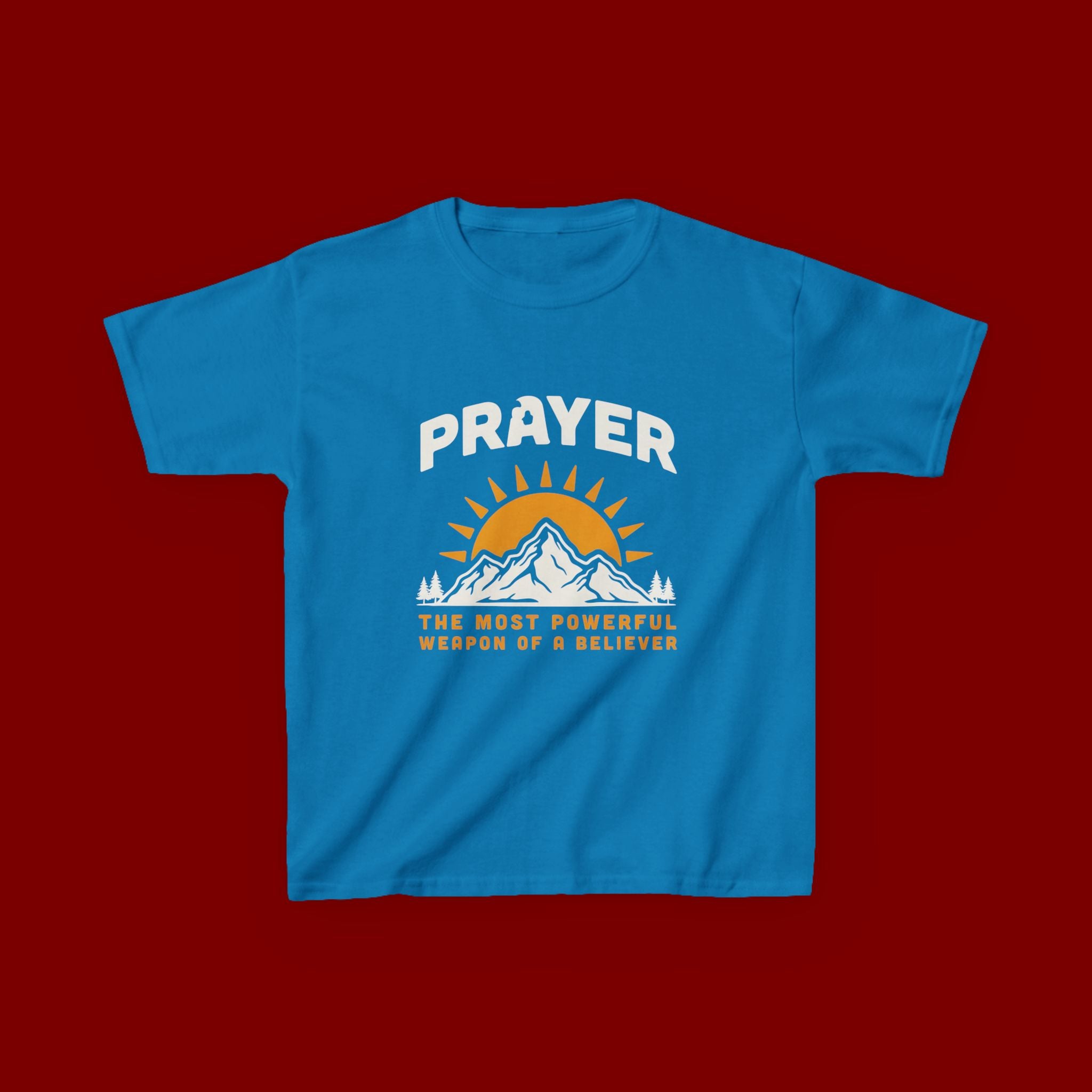 Kids Tee — "Prayer: The Most Powerful Weapon of a Believer" Mountain Sun Graphic