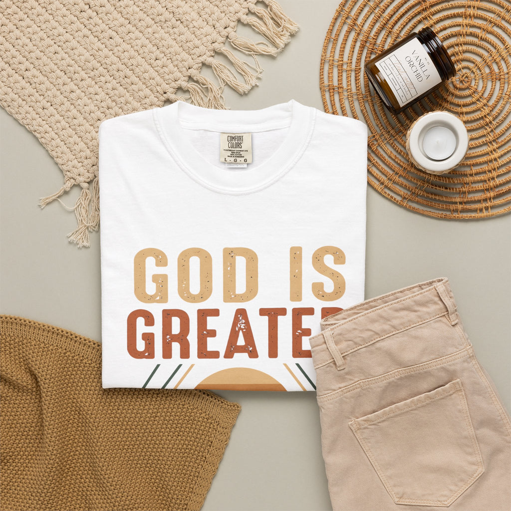 God Is Greater Mountain T-Shirt — Christian Faith Graphic Tee