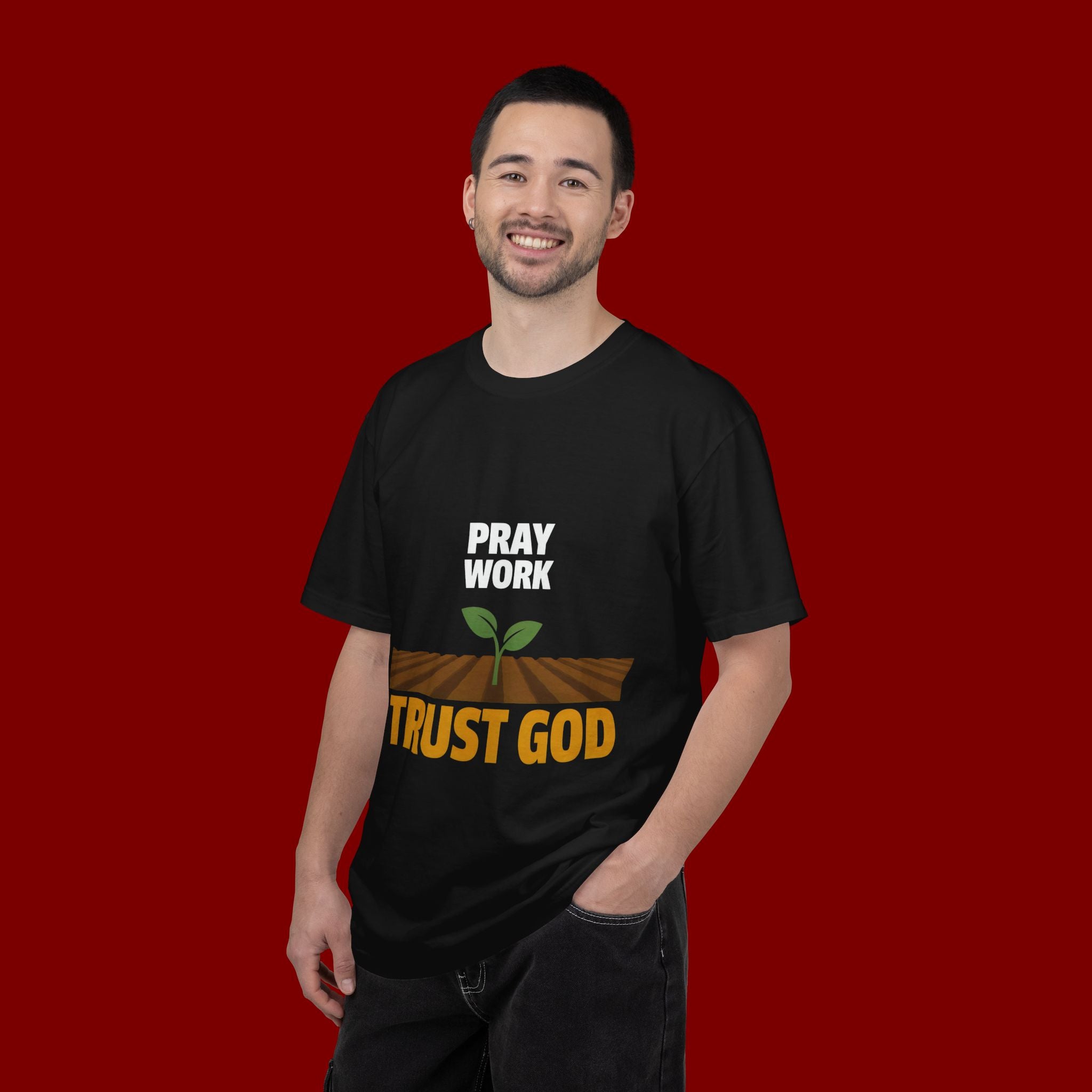 Pray Work, Trust God T-Shirt — Faith Gardening Inspirational Tee