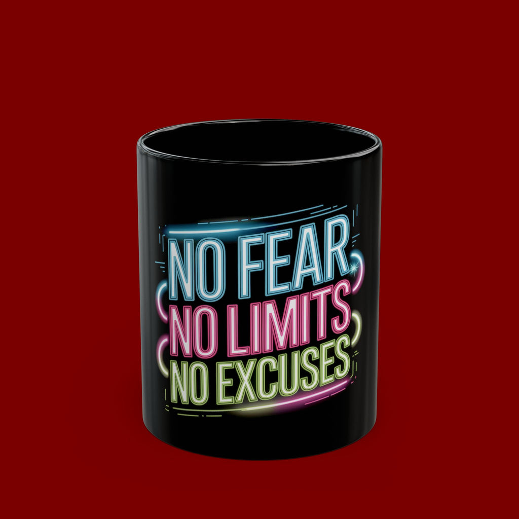 Motivational Mug — "No Fear, No Limits, No Excuses" Neon Coffee Cup
