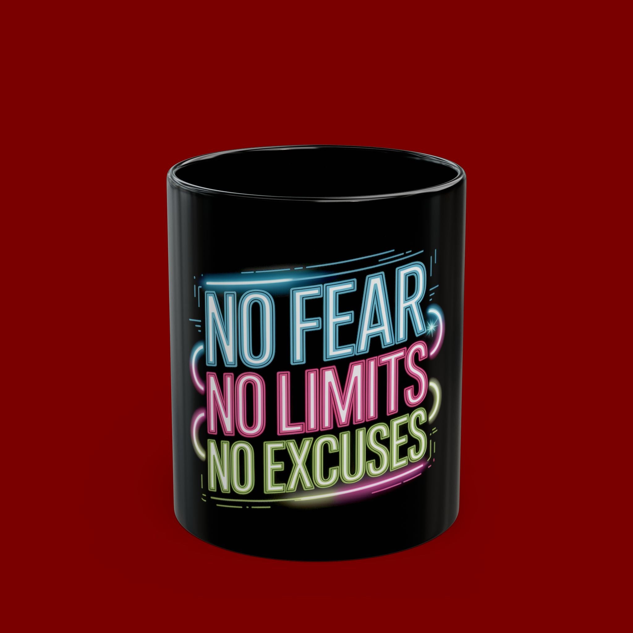 Motivational Mug — "No Fear, No Limits, No Excuses" Neon Coffee Cup