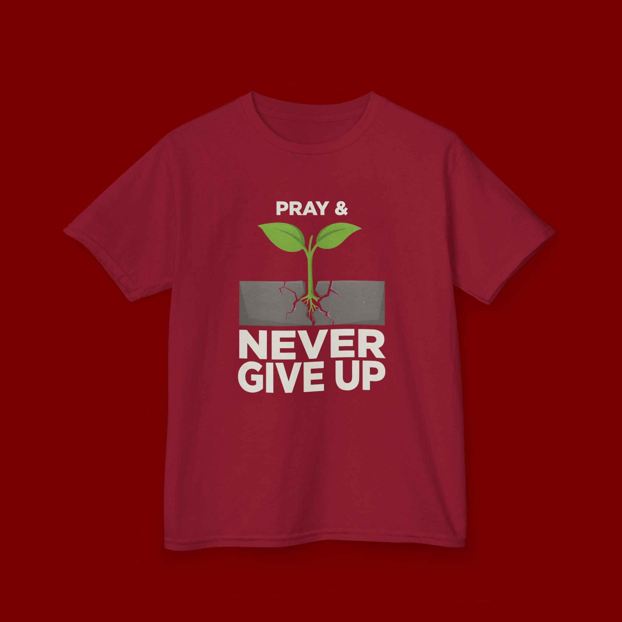 Kids Tee – "Pray & Never Give Up" Inspirational Plant Graphic