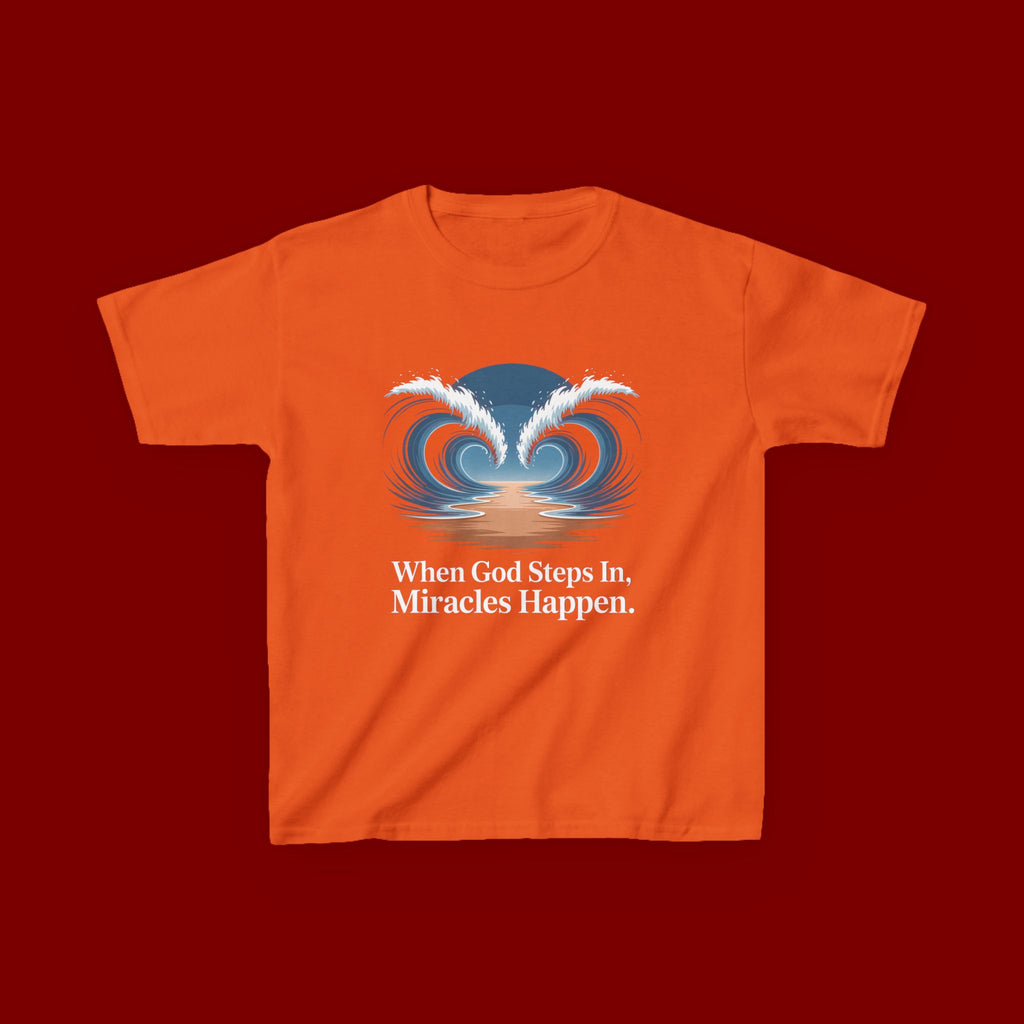 Kids Tee — “When God Steps In, Miracles Happen” Wave Heart Faith Shirt