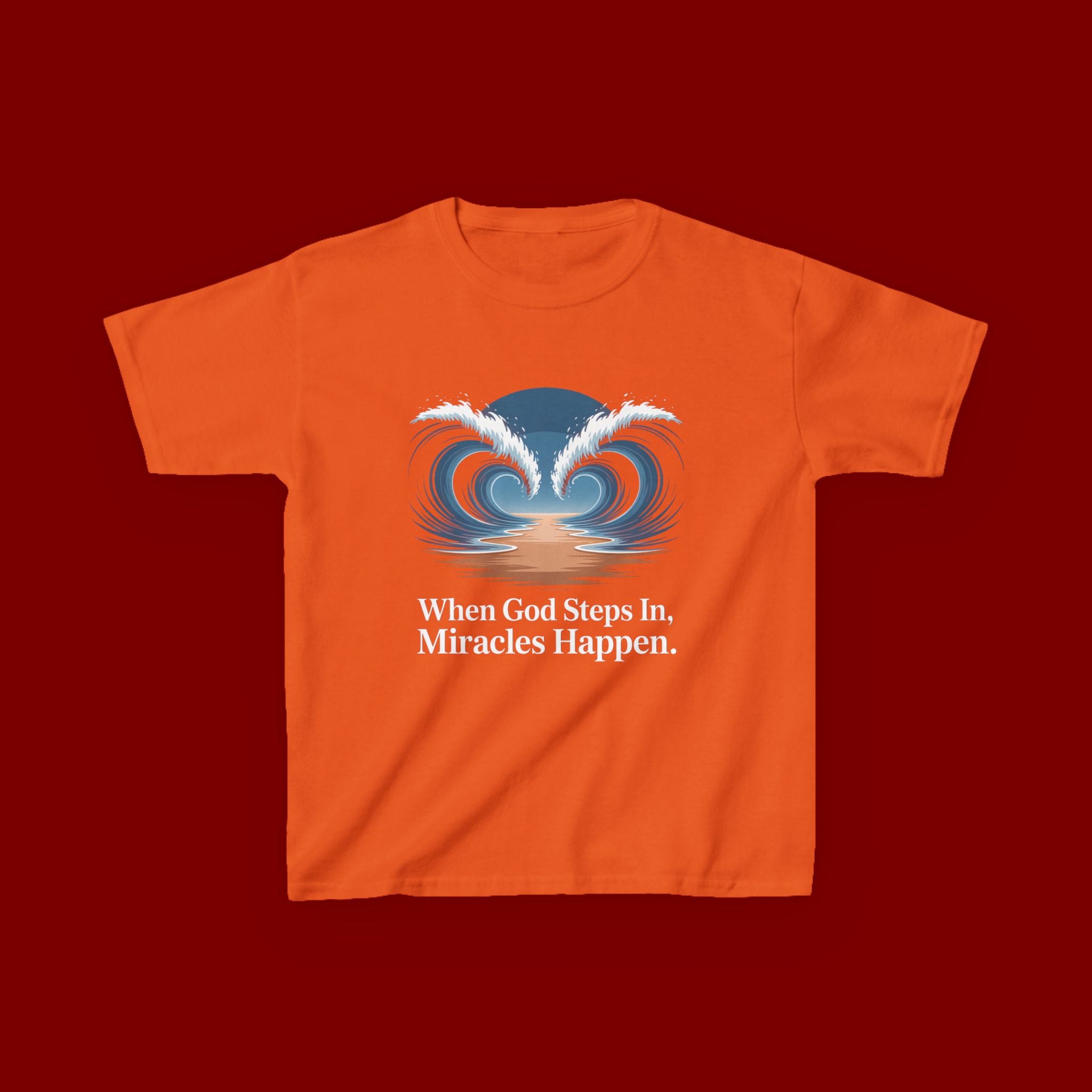 Kids Tee — “When God Steps In, Miracles Happen” Wave Heart Faith Shirt