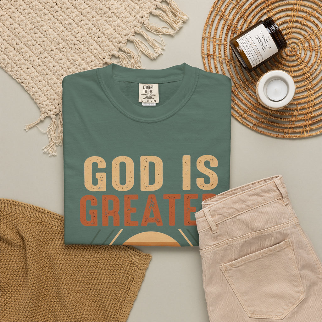God Is Greater Mountain T-Shirt — Christian Faith Graphic Tee