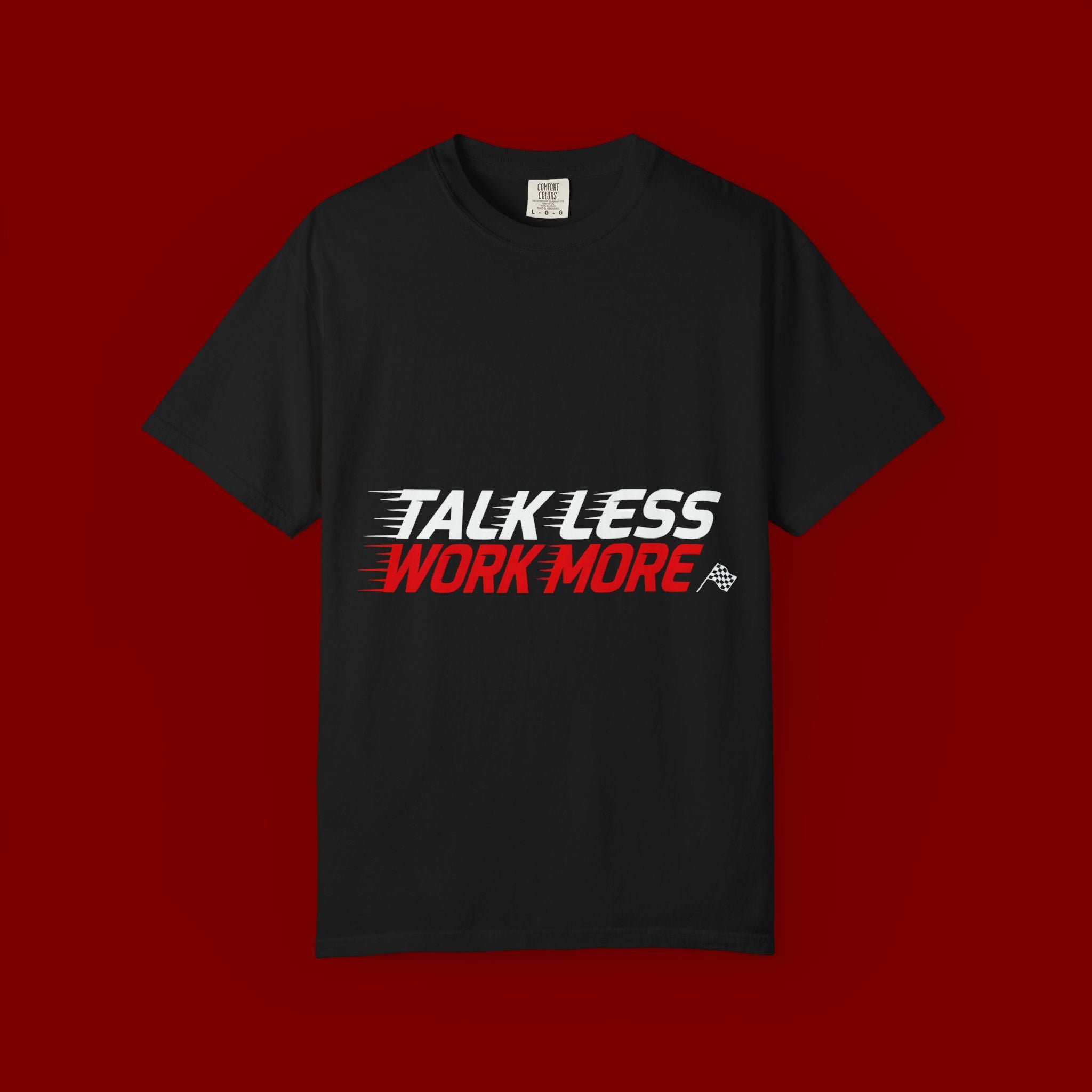 Work More Graphic T-Shirt — Bold Red Minimalist Slogan Tee