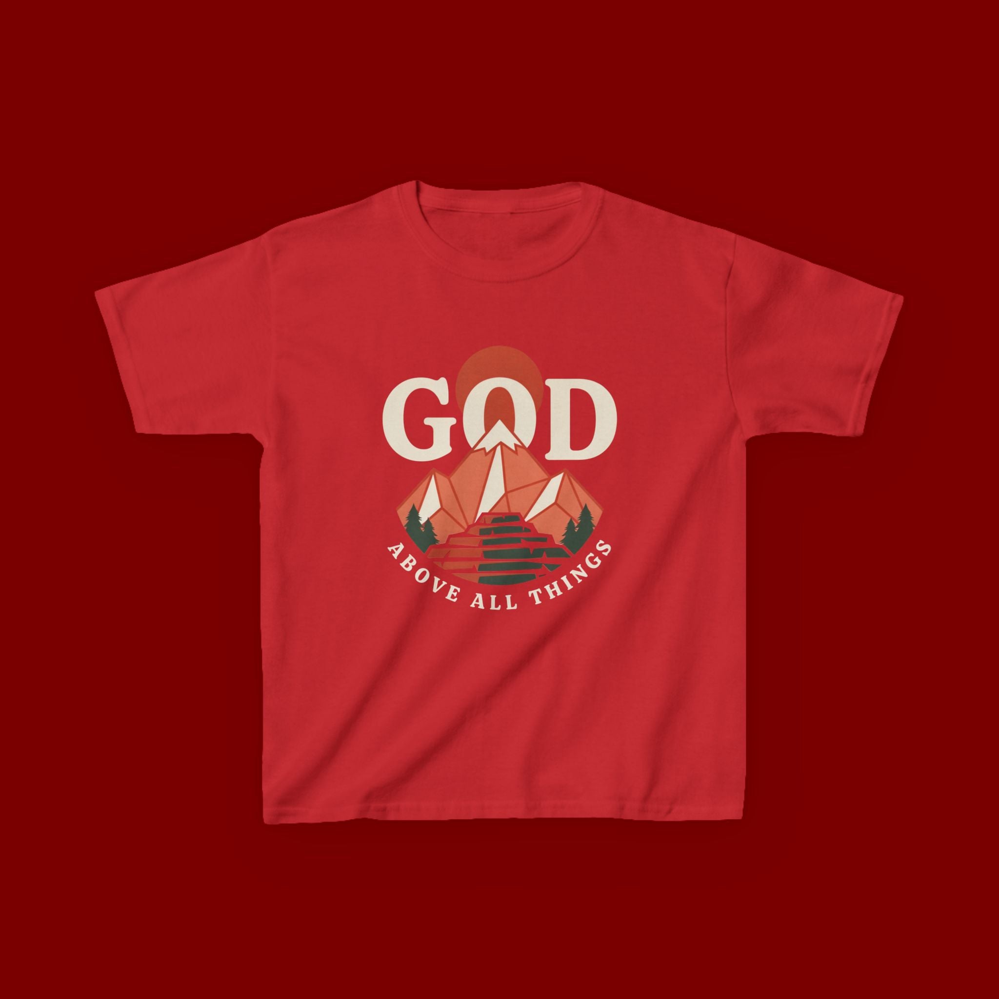 Kids Tee – 'GOD' Mountain Sunrise Faith Graphic