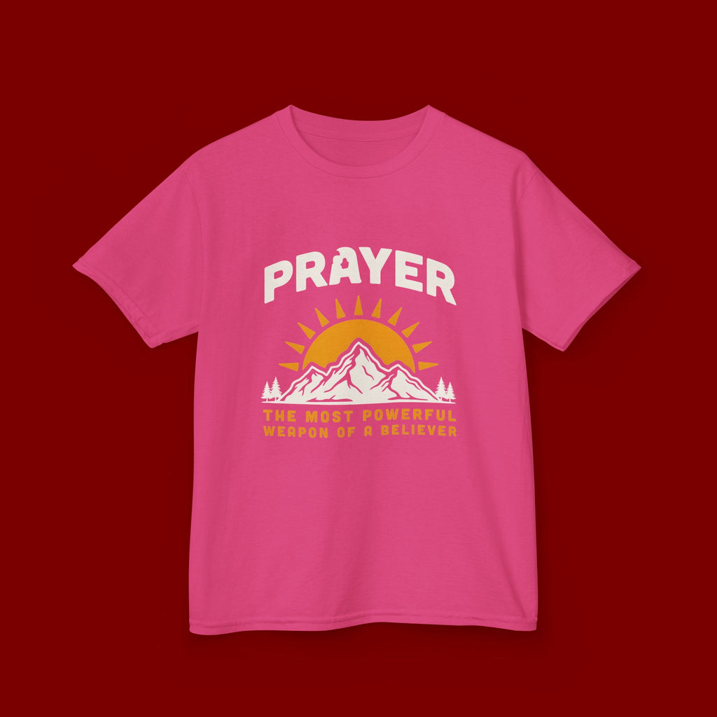 Kids Tee — "Prayer: The Most Powerful Weapon of a Believer" Mountain Sun Graphic