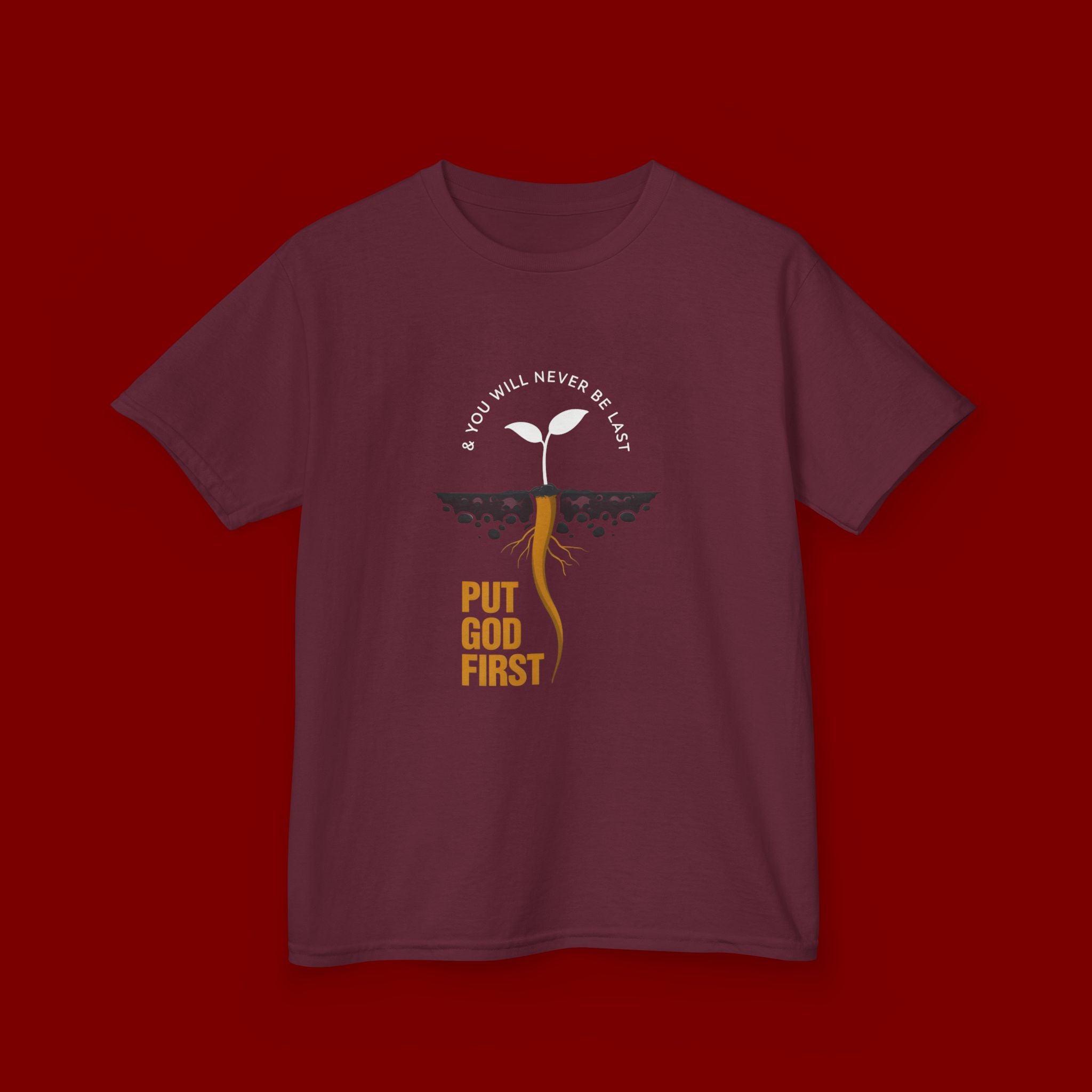 Kids T‑Shirt — 'Put God First' Religious Sprout Graphic Tee (Christian Youth)