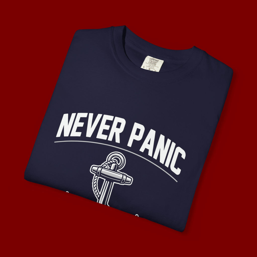T-Shirt — "Never Panic Just Pray" Anchor Christian Faith Tee