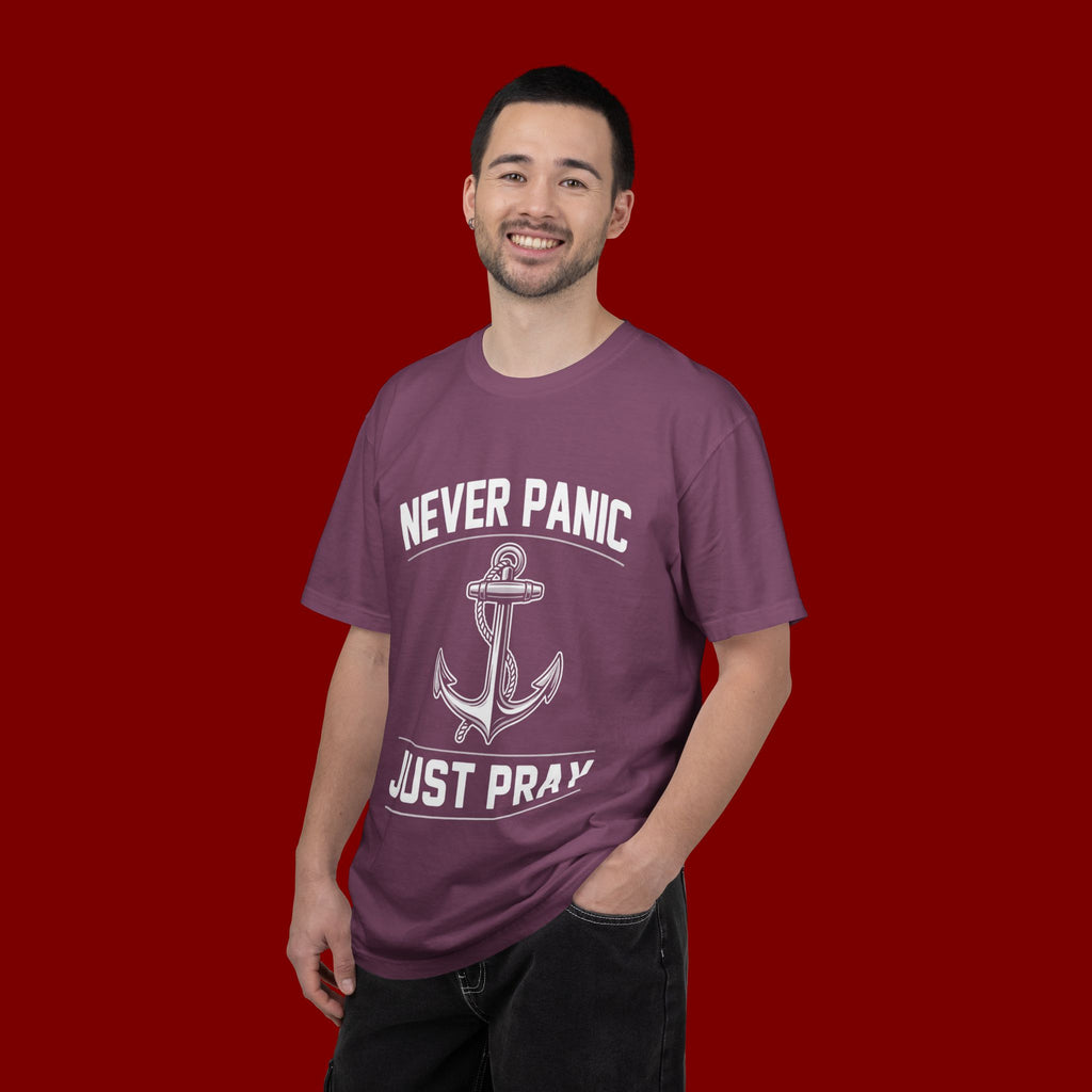 T-Shirt — "Never Panic Just Pray" Anchor Christian Faith Tee