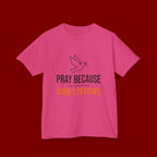 Kids T-Shirt — "Pray Because God Listens" Christian Faith Tee with Dove Graphic