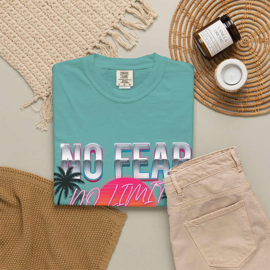 No Fear, No Excuses T-Shirt — Retro Sunset Palm Graphic Tee