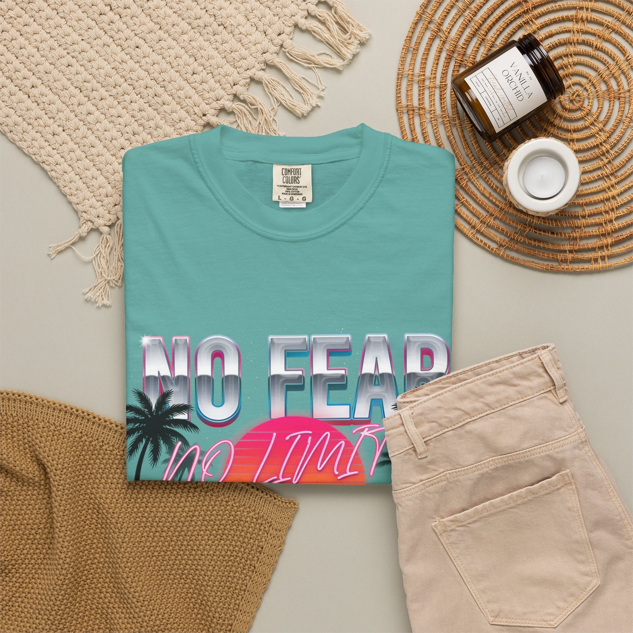 No Fear, No Excuses T-Shirt — Retro Sunset Palm Graphic Tee