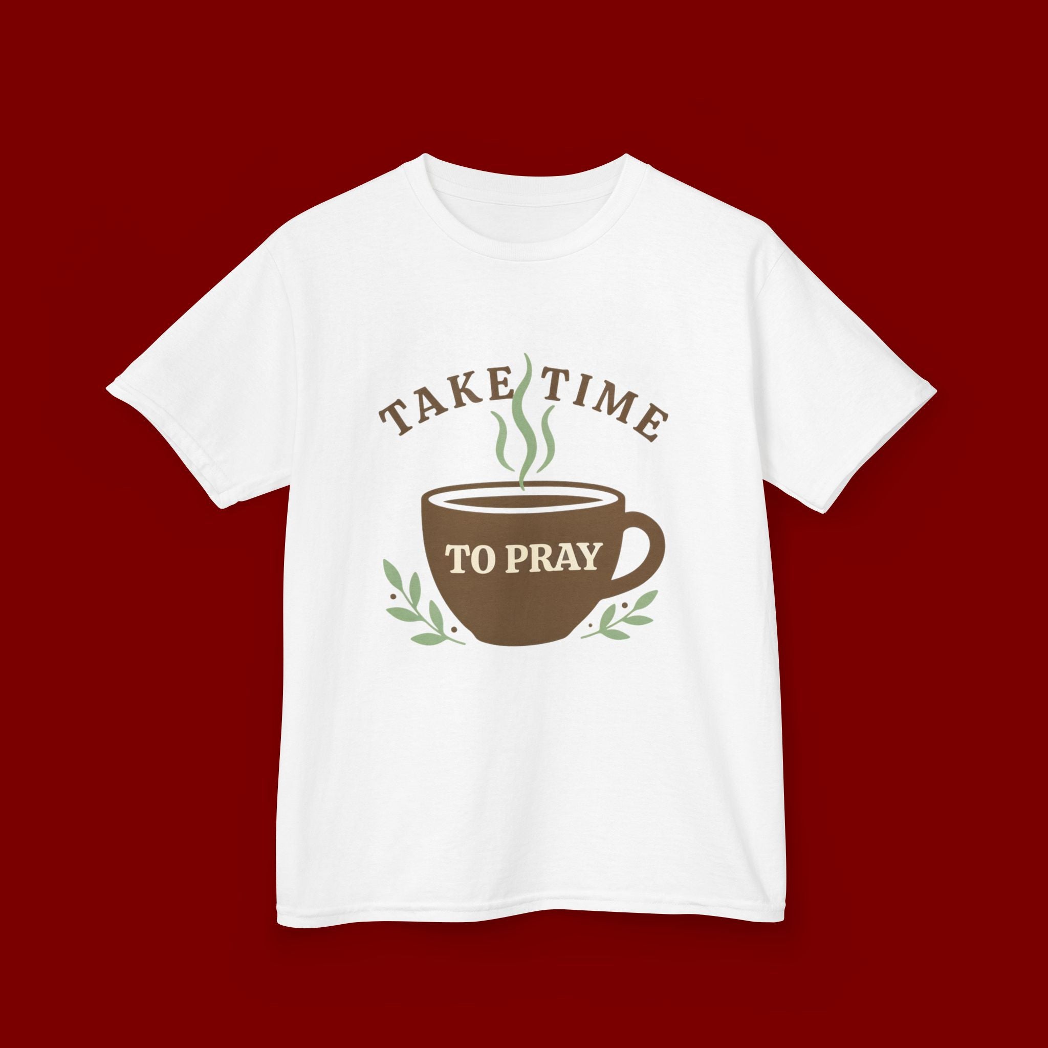 Kids Tee — "Take Time to Pray" Coffee Cup Faith Graphic