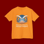 Kids Tee — “When God Steps In, Miracles Happen” Wave Heart Faith Shirt