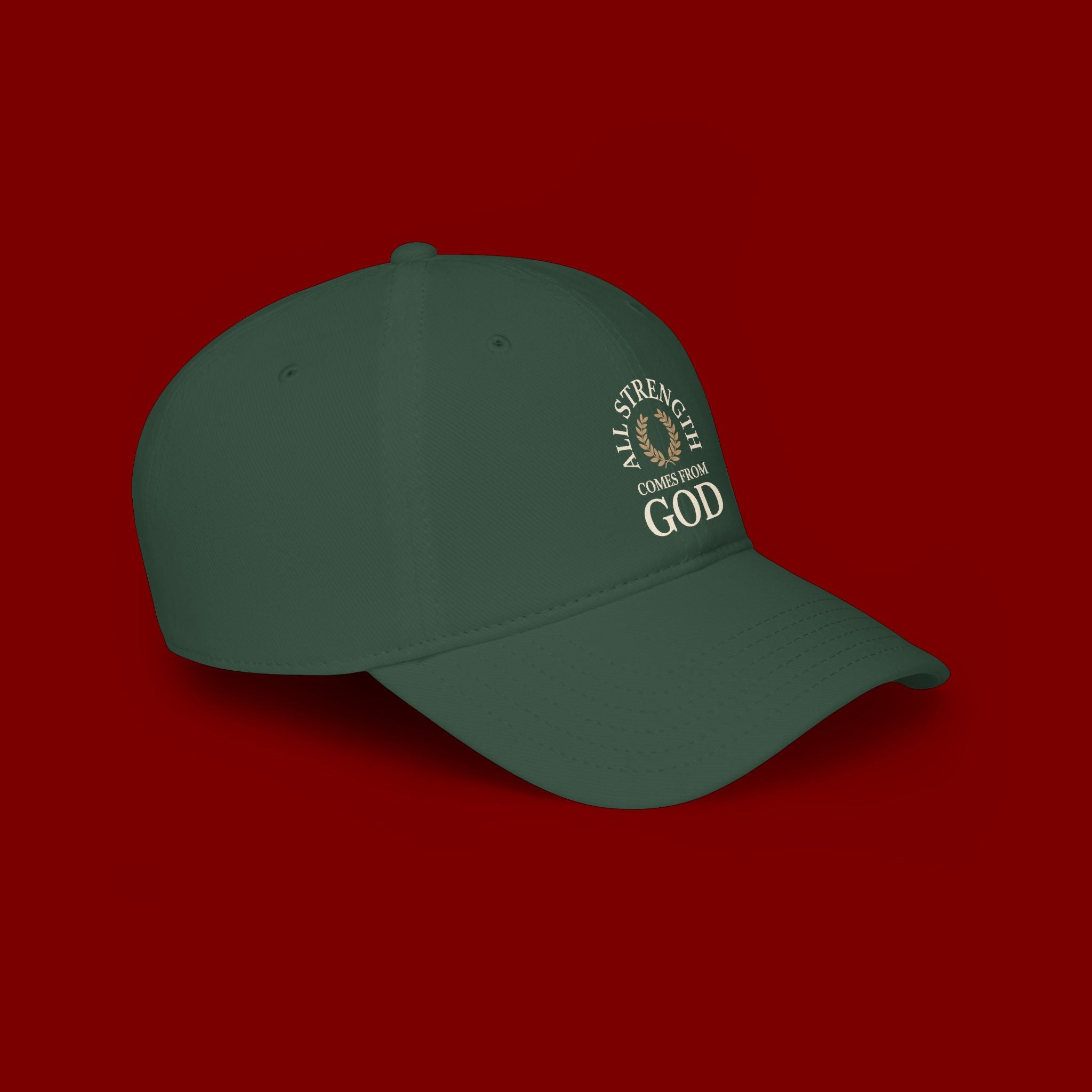 Baseball Cap — "All Strength Comes From God" Embroidered Faith Hat