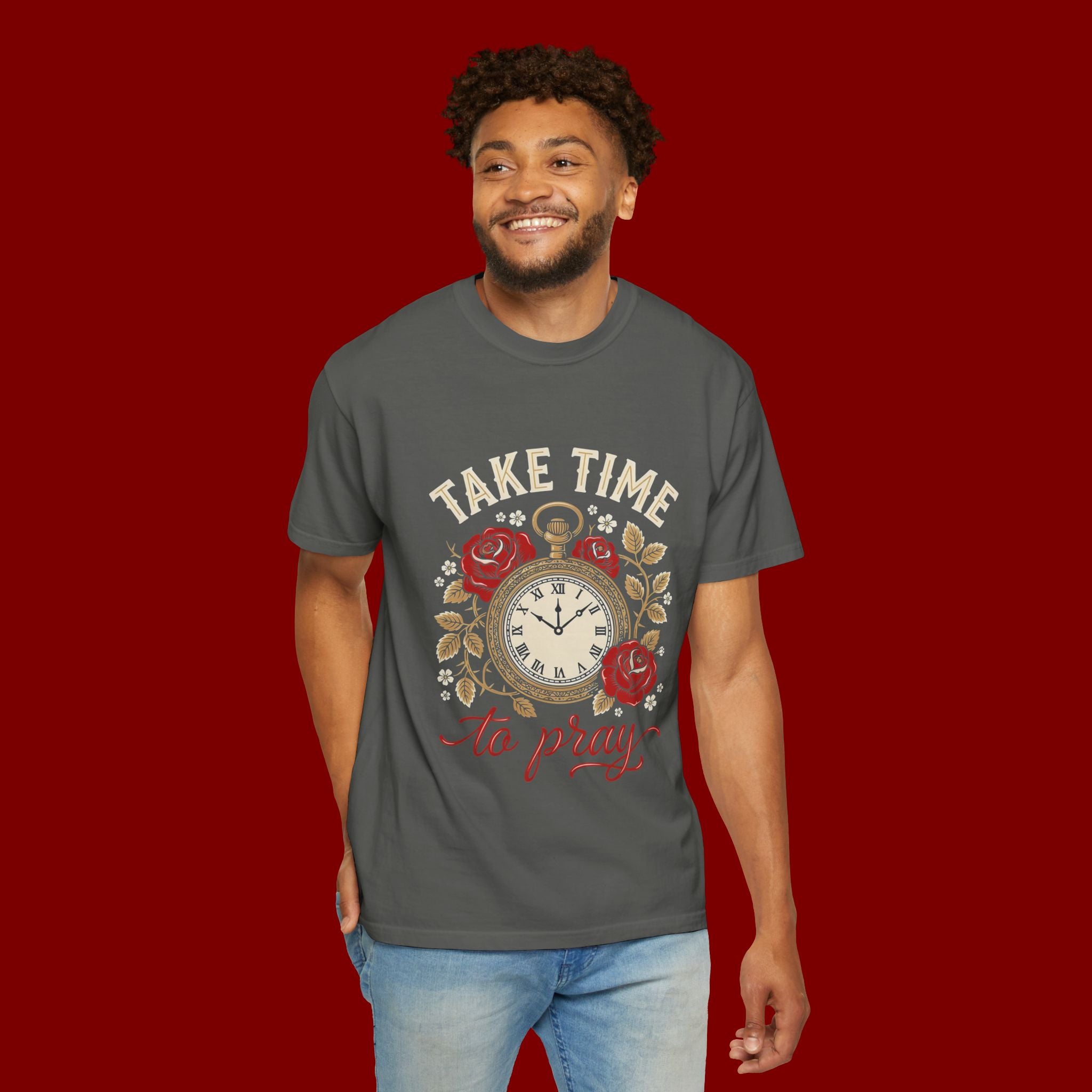 Take Time to Pray T‑Shirt — Vintage Pocket Watch & Roses Spiritual Tee