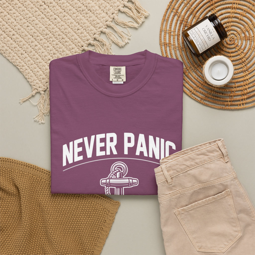 T-Shirt — "Never Panic Just Pray" Anchor Christian Faith Tee