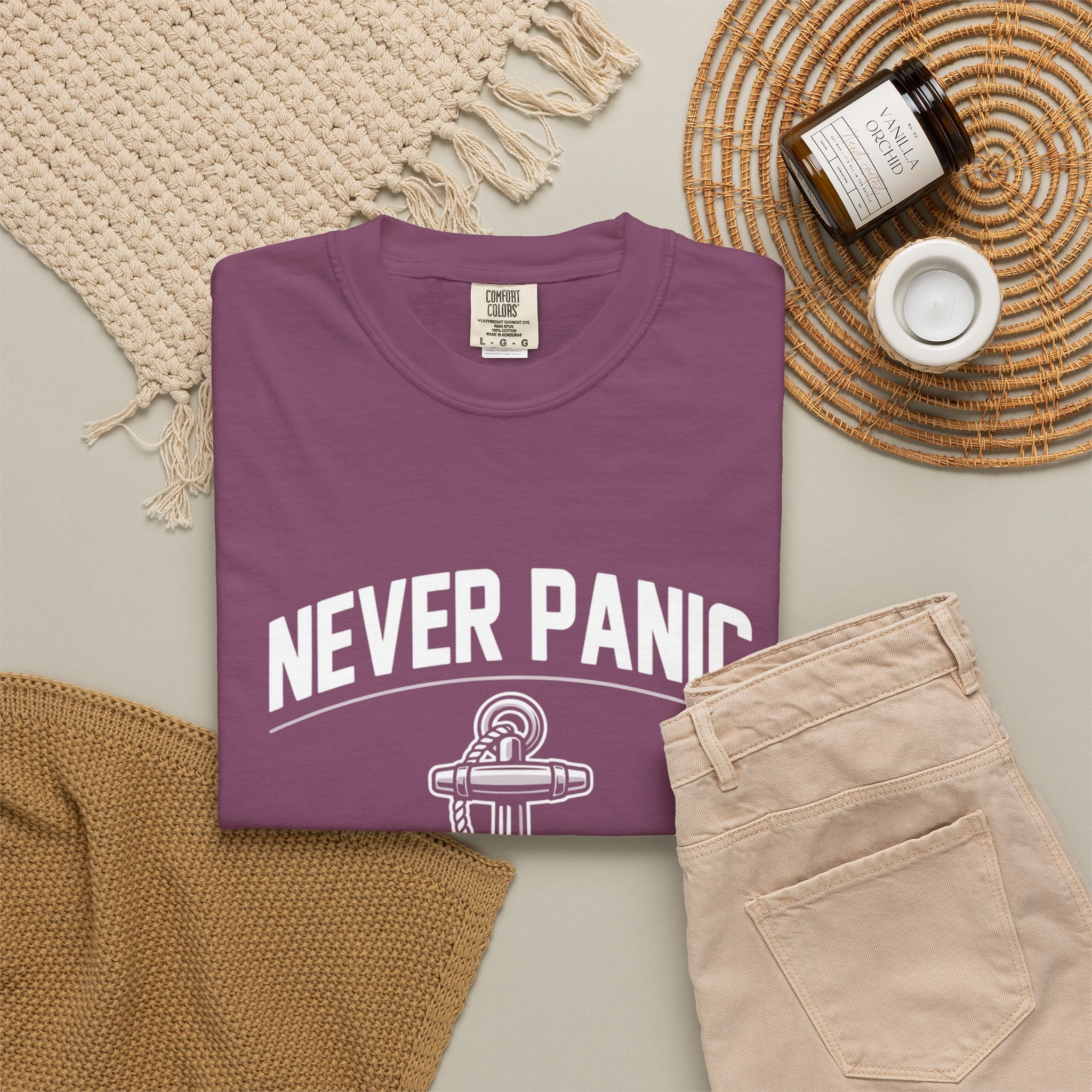 T-Shirt — "Never Panic Just Pray" Anchor Christian Faith Tee