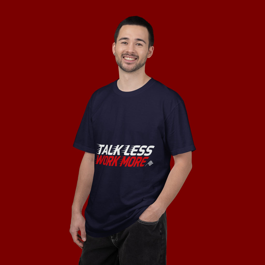 Work More Graphic T-Shirt — Bold Red Minimalist Slogan Tee