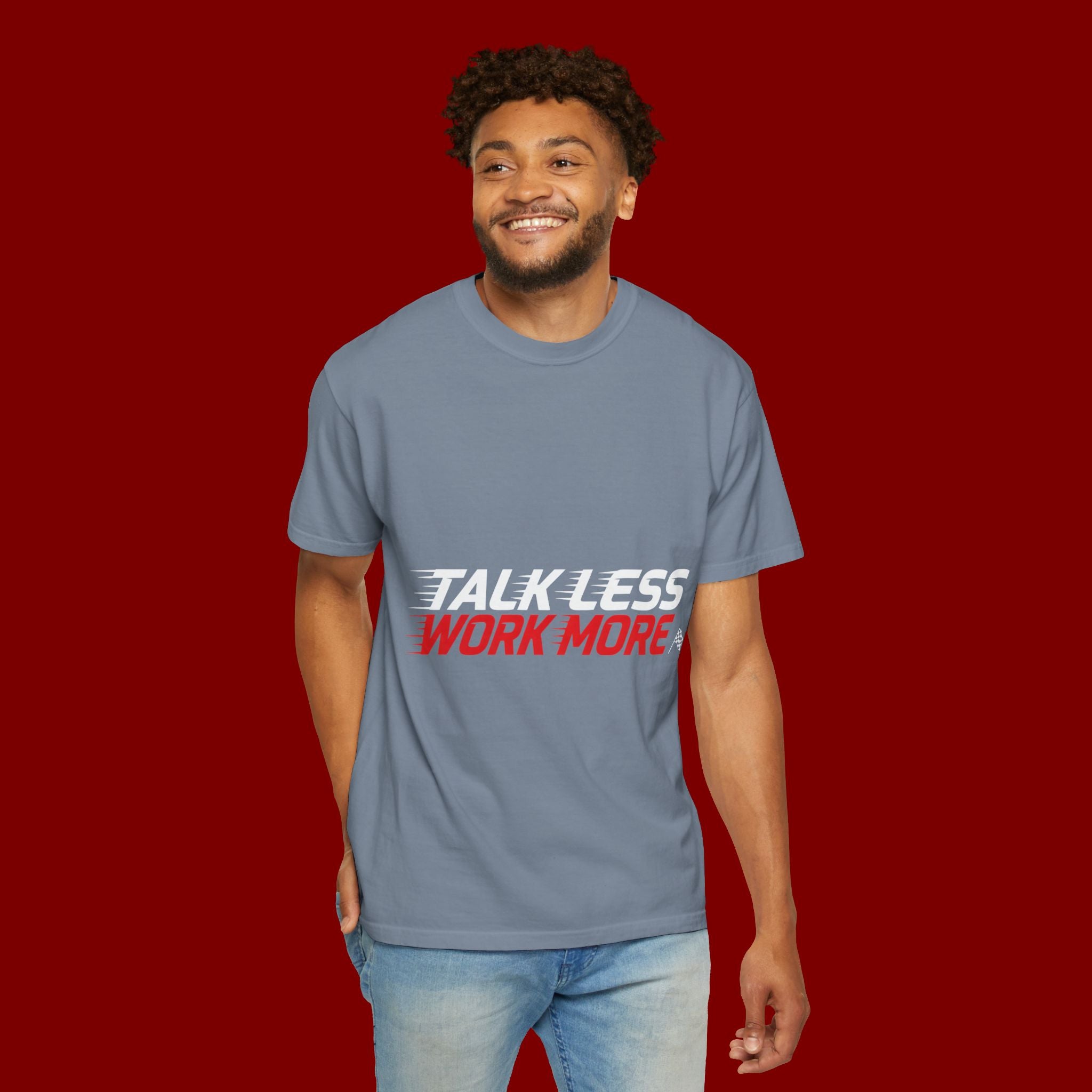 Work More Graphic T-Shirt — Bold Red Minimalist Slogan Tee