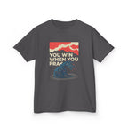 Kids Tee – “You Win When You Pray” Retro Wave Ocean Graphic