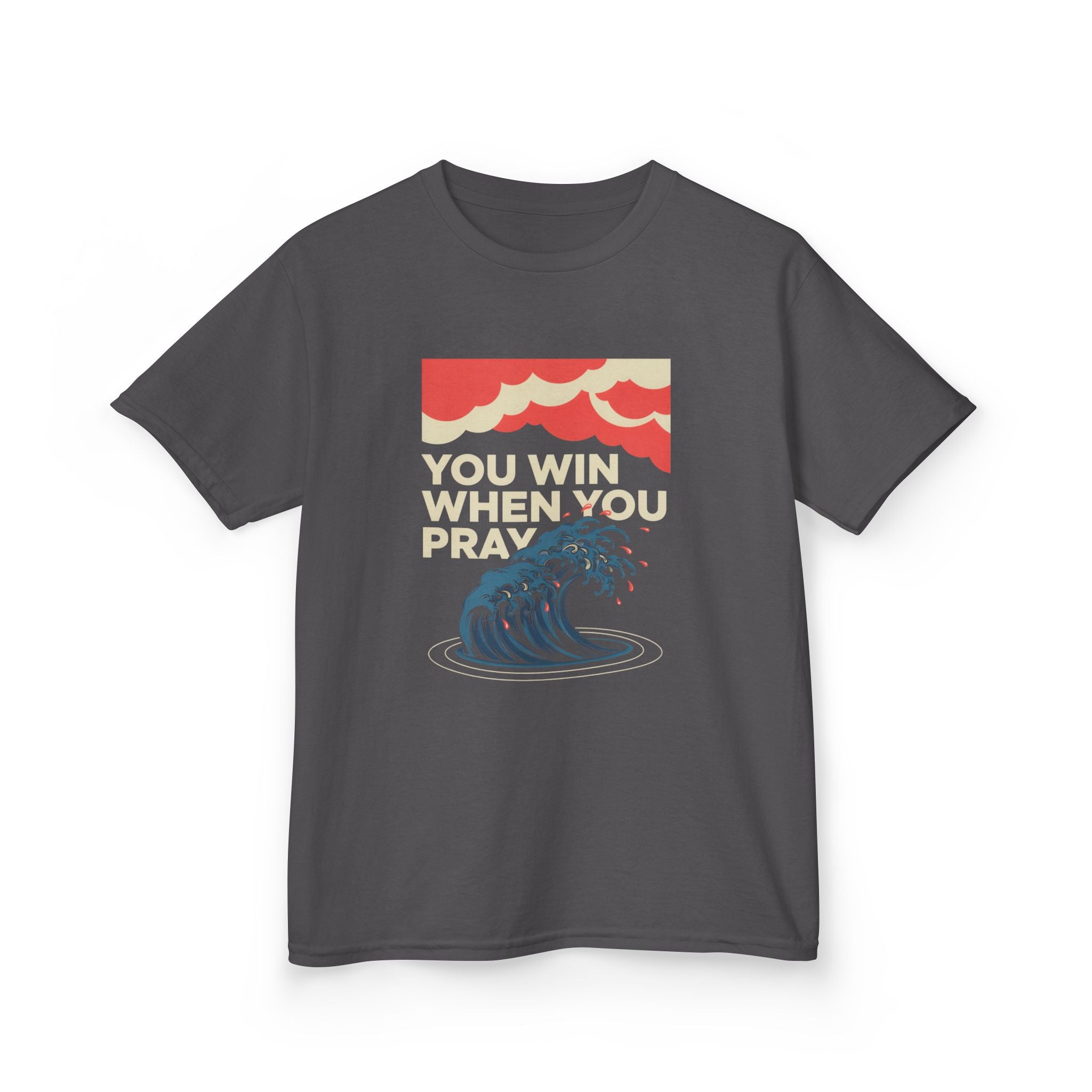 Kids Tee – “You Win When You Pray” Retro Wave Ocean Graphic