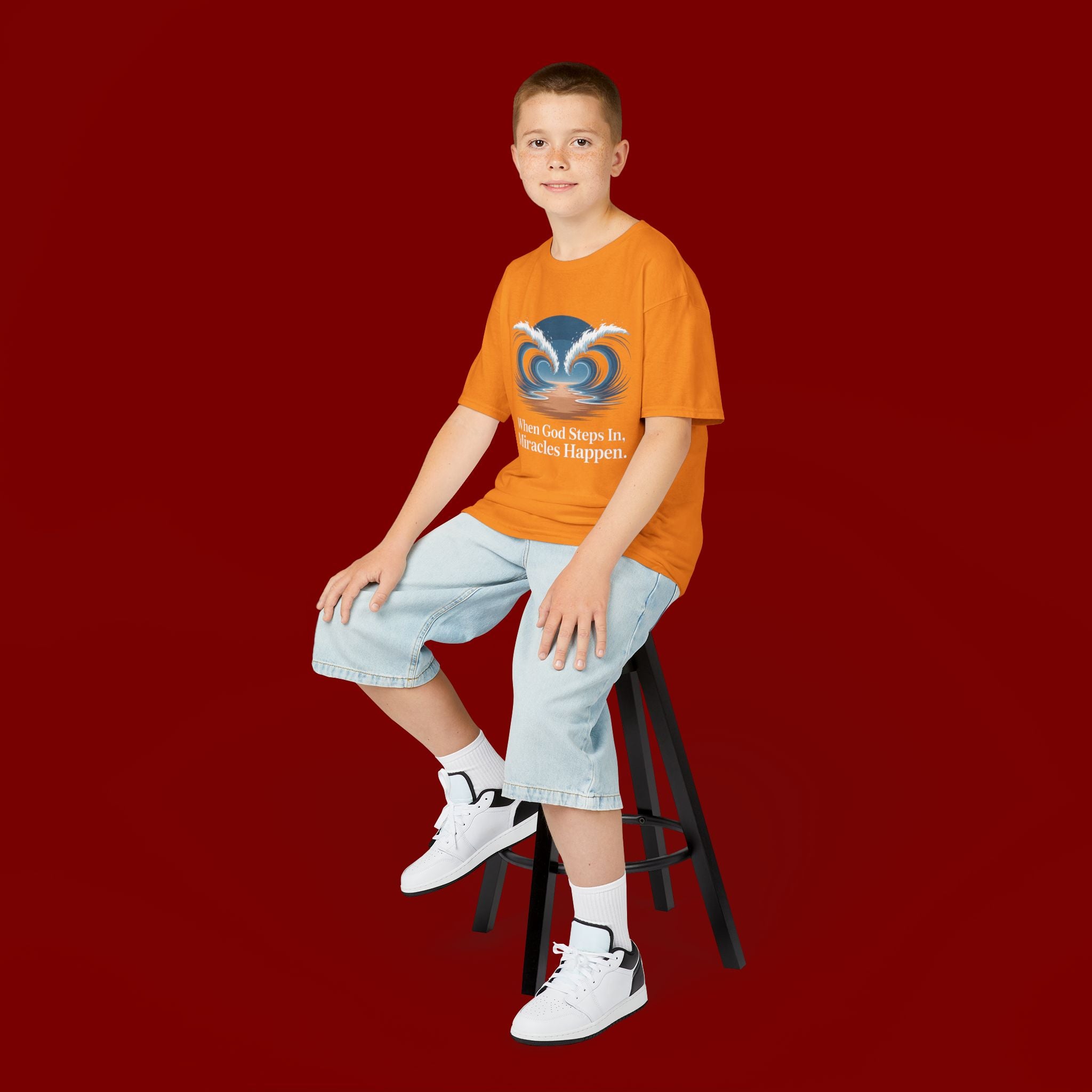 Kids Tee — “When God Steps In, Miracles Happen” Wave Heart Faith Shirt