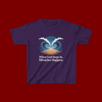 Kids Tee — “When God Steps In, Miracles Happen” Wave Heart Faith Shirt