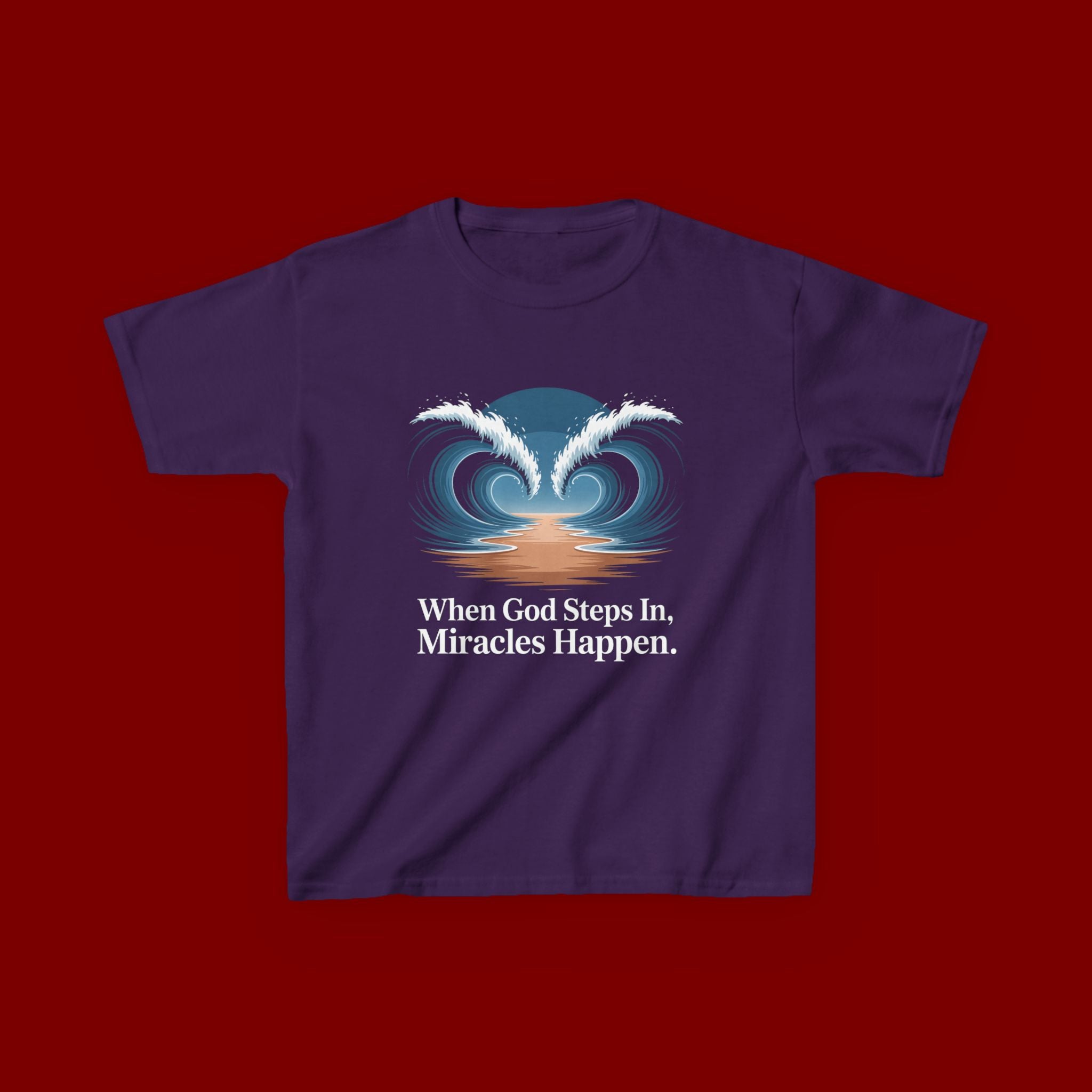 Kids Tee — “When God Steps In, Miracles Happen” Wave Heart Faith Shirt