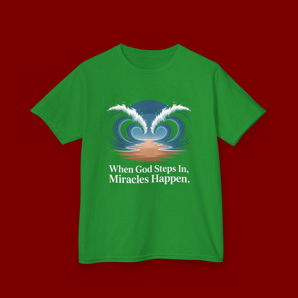 Kids Tee — “When God Steps In, Miracles Happen” Wave Heart Faith Shirt