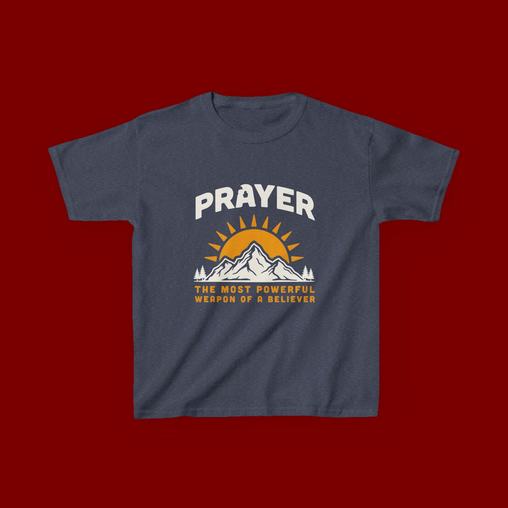 Kids Tee — "Prayer: The Most Powerful Weapon of a Believer" Mountain Sun Graphic