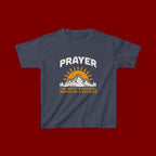 Kids Tee — "Prayer: The Most Powerful Weapon of a Believer" Mountain Sun Graphic