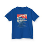 Kids Tee – “You Win When You Pray” Retro Wave Ocean Graphic