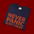 Never Panic Just Pray T‑Shirt — Retro Sunset Faith Tee
