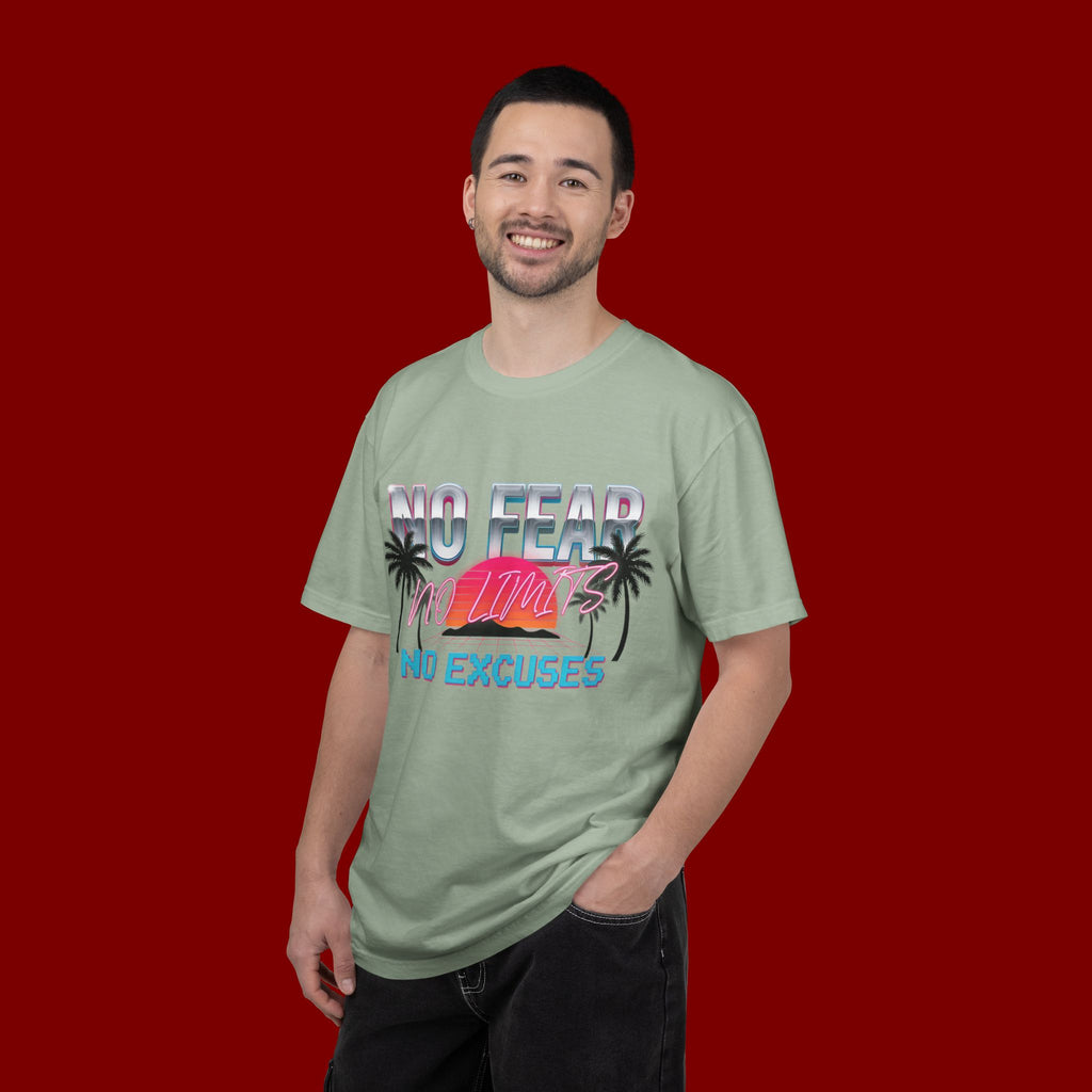 No Fear, No Excuses T-Shirt — Retro Sunset Palm Graphic Tee