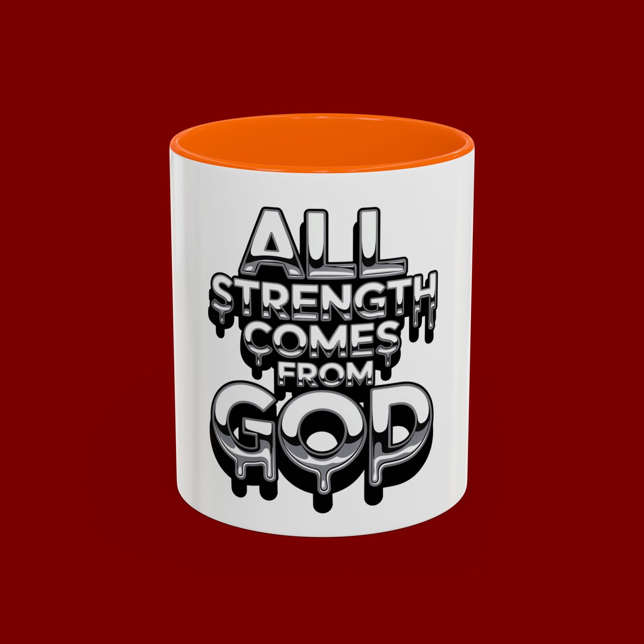 Ceramic Mug — "All Strength Comes From God" Black Accent Coffee Cup (11/15 oz)